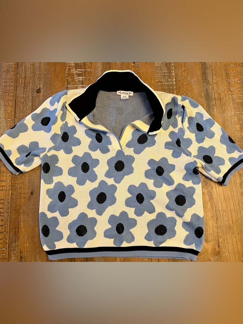 Nanette Lepore Cream Sweater with Blue Floral Pattern and Black Accents